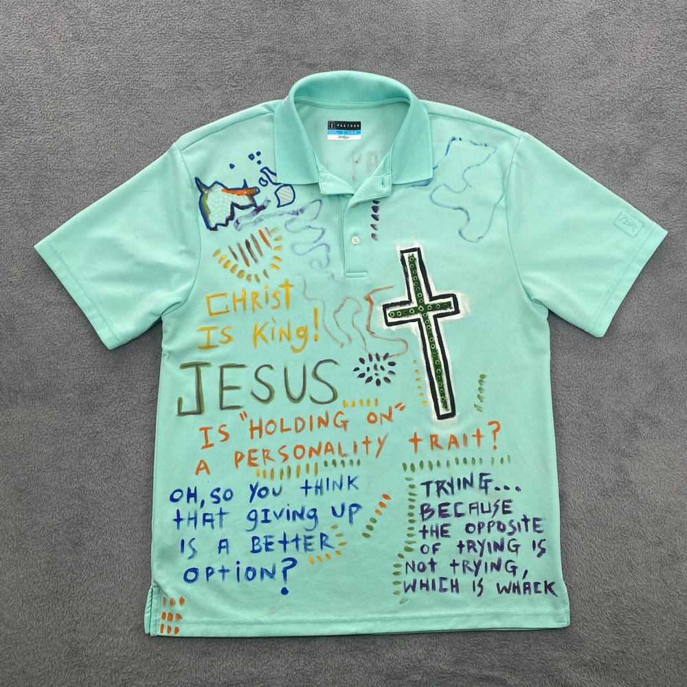 PGA Tour Polo Shirt Mens Large Aqua Blue Airflux Custom Hand Painted Lord Jesus